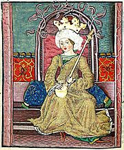 Chronica Hungarorum, Thuróczy chronicle, Queen Mary of Hungary, throne, crown, orb, scepter, medieval, Hungarian chronicle, book, illustration, history