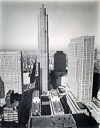 Black-and-white picture of site construction in 1937, as seen from a skyscraper to the east