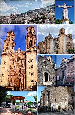 Top, from left to right: Overview of Taxco, The Monumental Christ of Taxco, Santa Prisca Temple (Templo de Santa Prisca), Church of the former monastery of San Bernardino de Siena, La Santisima Church, Museum of Viceregal Art, The House Borda and Plaza de Armas kiosk.