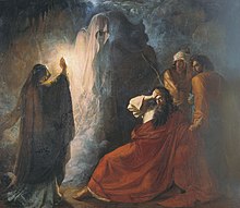 Dramatic painting of a hooded figure raising a ghost as the bearded King clutches his brow
