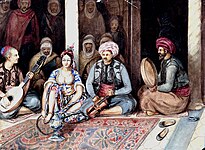 A woman surrounded by men holding musical instruments