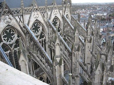 Flying buttresses of Amiens Cathedral. Pinnacles atop the buttresses added decoration and additional weight to strengthen the building
