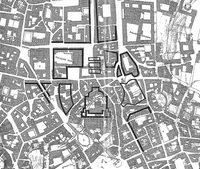 The demolition area on a map from 1870 where the Vittoriano and the future Piazza Venezia are marked in black