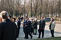 Russian cosmonaut Sergei Krikalyov on his way to lay a flower at the base of Yuri Gagarin's statue in Korolyov on Cosmonautics Day 2002