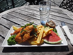 Fish and chips served for lunch at a restaurant in Finland