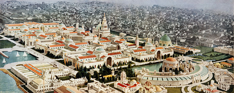 Aerial view of the Panama–Pacific International Exposition, directed southeast. The exposition buildings have been colored to distinguish them; the area, then known as Harbor View, is now the Marina District.