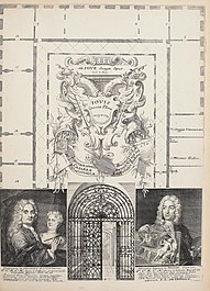 Plan of the Stallburg collection with portraits of Frans van Stampart (on left) and Anton Joseph von Prenner (on right)