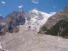 glacier flowing steeply downhill from Mont Blanc