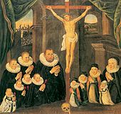 A prosperous glassmaker and his family, 1596. The five children holding crosses had died; the two in black-trimmed white garments apparently before the painting was done, on the others the crosses were probably added later.[32]
