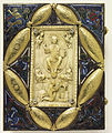 10th-century ivory, with kneeling donor bishop, 12th-century gold and enamel, Mosan