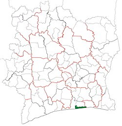 Location in Ivory Coast. Jacqueville Department has retained the same boundaries since its creation in 1998.