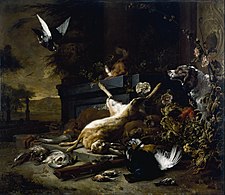 Jan Weenix, Still Life of Game including a Hare, Black Grouse, Partridge, Spaniel, and Pigeon in Flight (c. 1680), 157.2 × 182.2 cm.