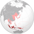 The former Dutch East Indies (dark red) within the Empire of Japan (light red) at its furthest extent in late 1942