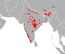 Range of Bengal tiger in red