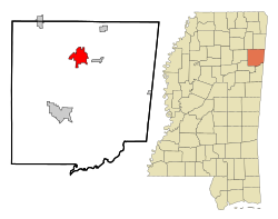 Location within Monroe County and the state of Mississippi