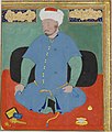 In den Schriftfeldern steht: surat-i Shaybek Khan (Bild des Shaybek Khan), al-ʿabd Bihzād (der Diener Behzād), Bildnis des Mohammed Scheibani von etwa 1508.[42]