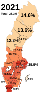 Percentage of those of a foreign background in total in Sweden in 2021