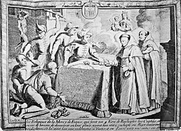 Depiction of a trade deal between turbanned and armed men and priests, with prisoners hit with a stick by an armed man