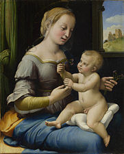 In the painting Madonna of the Pinks by Raphael, c. 1506–07, the Christ Child gives a pink flower to the Virgin Mary, symbolizing the union between the mother and child.