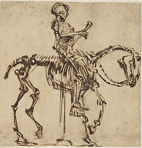 Study room: Rembrandt Harmenszoon van Rijn, Skeleton Rider, c. 1655, pen and ink in brown