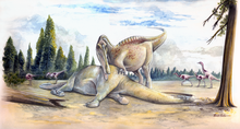 Sketch of a spinosaur feeding on a sauropod carcass