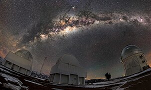 The three buildings featured in this image house an important trio of telescopes: the SMARTS 1.0-meter Telescope, the Curtis Schmidt Telescope, and the Víctor M. Blanco 4-meter Telescope (far right)