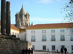 Partial view of Évora's Roman temple, with the city's cathedral in the background