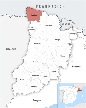 Die Lage der Comarca Val d’Aran in der Provinz Lleida