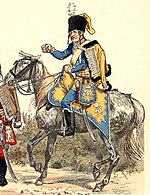 A Prussian hussar in 1763: his sabretache carries the cypher of Frederick the Great
