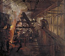 interior view of a gasworks showing the retort process. Several women dressed in dark overalls stand at work on the floor of the gasworks. The focal point is the clouds of grey smoke and yellow flames emitted from the wall on the left of the painting