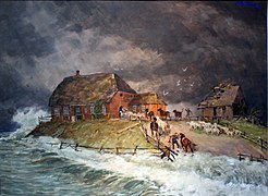 Die Eckner Halligwarft während einer Sturmflut im Jahr 1906 (Gemälde von Alexander Eckener (1870–1944)). Die zum Schutz von Häusern, Menschen und Vieh aufgeworfenen Erdhügel (Warften) bleiben bei Land unter in der Regel von einer Überflutung verschont.[19]