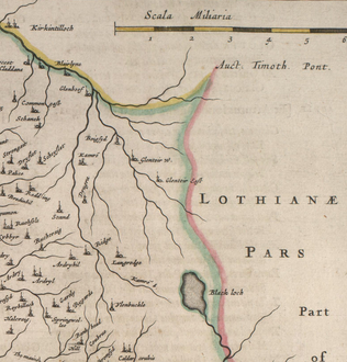 Longriggend from Blaeu's map[15] based on Pont's original[16] It is near the top right of the map and Langrodge is about three squares left of the Black Loch.