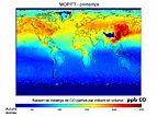 MOPITT-Satellitenmessung der weltweiten Kohlenstoffmonoxid-Verteilung im Frühjahr.