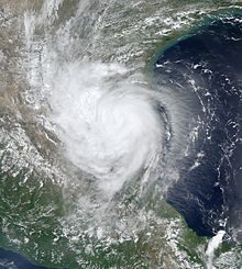 A view of Hurricane Erika from Space on August 16. The weakening storm is located over northeastern Mexico and has no defined eye feature.