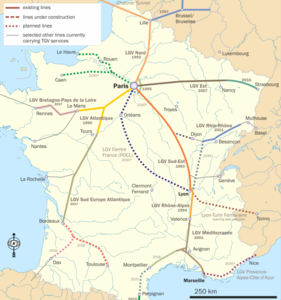 LGV/TGV Netz mit Strecke zwischen Lyon und Avignon entlang der Rhone.