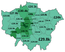 Gross Disposable Household Income (GDHI) across London in 2020