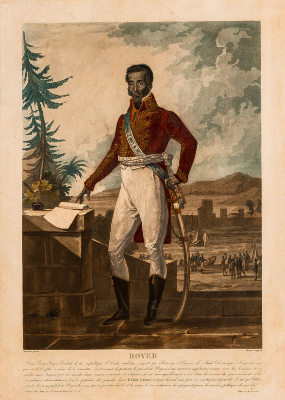 Engraving showing Haitian President Jean Pierre Boyer with an inkwell, quill, and scroll in his right hand, ready to sign the ordinance. To the left of him, in the background, French sailors can be seen on the Port-au-Prince dock, making sure that the ordinance is signed.
