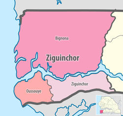 Ziguinchor région, divided into 3 départements