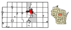 Location of Wausau in Marathon County, Wisconsin.