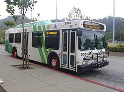 Marin Transit New Flyer 35-foot low-floor hybrid bus operating in Marin City