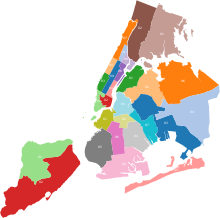 A map of the election districts in New York City with several districts in each borough