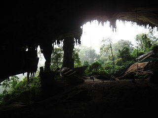 Der Haupteingang zu den Höhlen von Niah. Einige der Ausgrabungen wurden im Bereich, der unten rechts im Bild zu erkennen ist, gemacht.