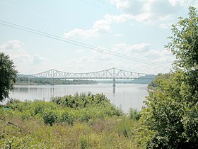 Carl Perkins Bridge in Portsmouth, Ohio, with Ohio River and Scioto River tributary on right