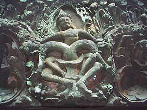 A lintel showing Krishna killing Kaliya, on the south wall of the Wat Phou sanctuary