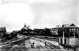 Pere Marquette Railroad station, tracks and round house 1880s.