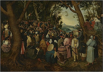 Copy by Pieter Brueghel the Younger of his father's work The Preaching of St. John the Baptist (after 1616), Groeningemuseum in Bruges, omitting the bearded man in black, turned towards the spectator in the original