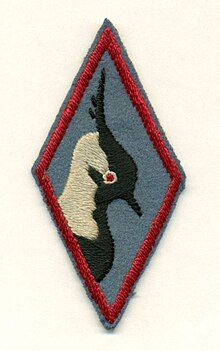 A diamond shaped patch on blue felt with heavy red trim. The central image is a black and white profile of a peewit bird (Lapwing) highlighted with a red eye.