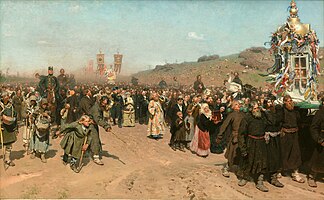 Religious Procession in Kursk Province, Bright Week procession with the icon of Our Lady of Kursk (in shrine, at right), as painted by Ilya Repin, 1880-83 (State Tretyakov Gallery, Moscow)