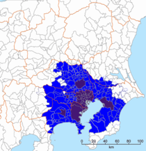 Toshi Koyōken (都市雇用圏, dt. „Hauptstadt­beschäftigungs­gebiet“; 35,3 Mio. Einwohner, 2015) der Universität Tokio