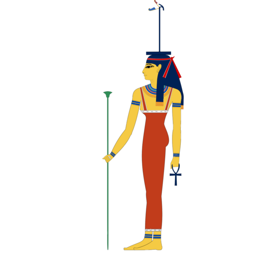 Image of Wosret with a staff and a was-scepter on her head.